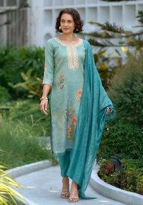 Sea Green Tissue Embroidered Salwar Kameez With Dupptta