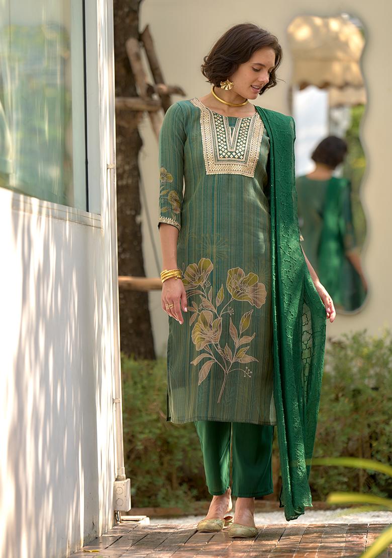 Green Tissue Embroidered Salwar Kameez With Dupptta