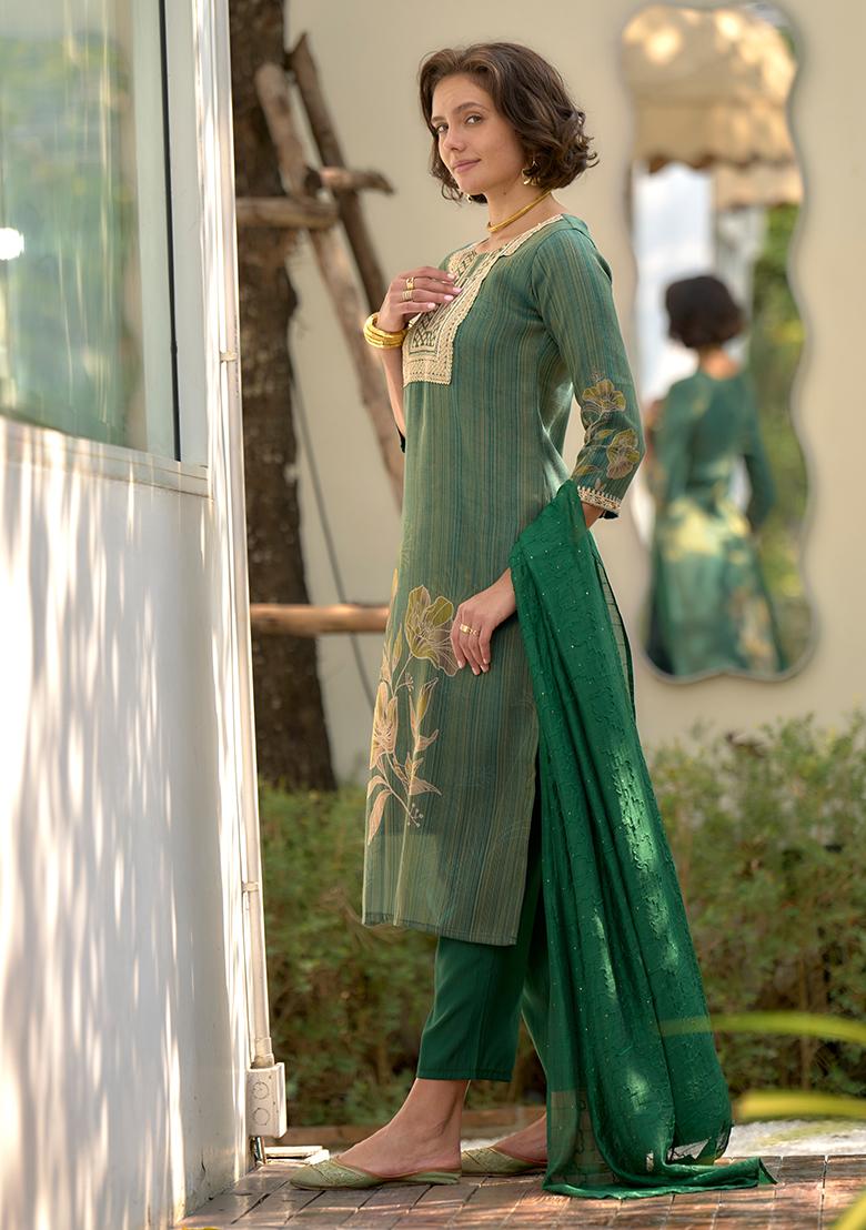 Green Tissue Embroidered Salwar Kameez With Dupptta