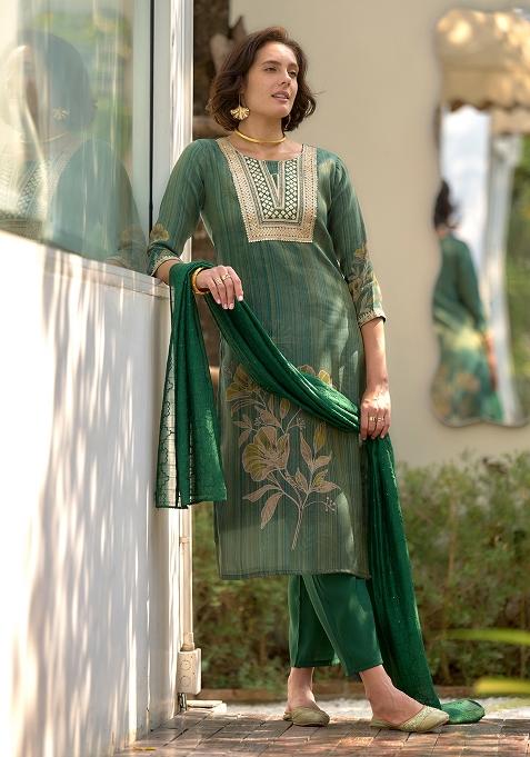 Green Tissue Embroidered Salwar Kameez With Dupptta
