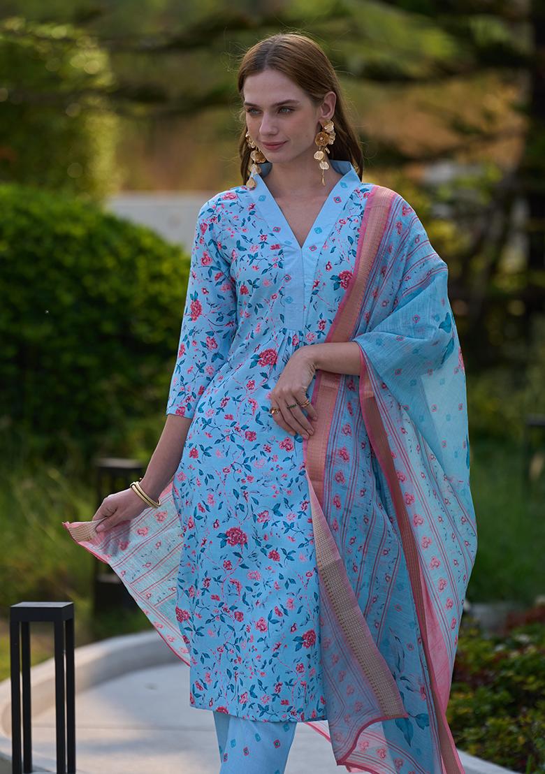 Sky Cotton Printed Salwar Kameez With Dupptta