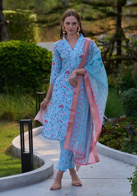 Sky Cotton Printed Salwar Kameez With Dupptta