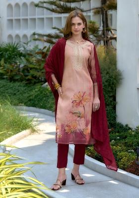 Peach Tissue Embroidered Salwar Kameez With Dupptta