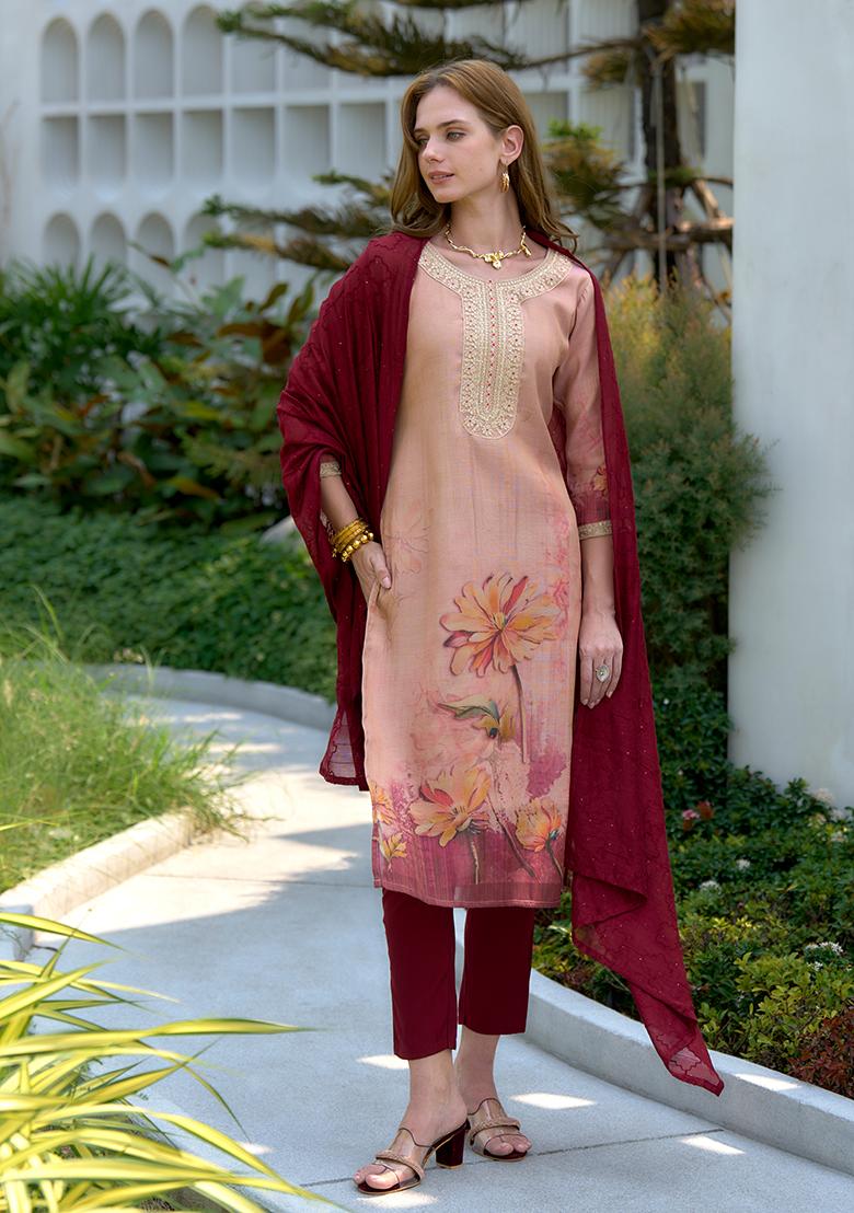 Peach Tissue Embroidered Salwar Kameez With Dupptta