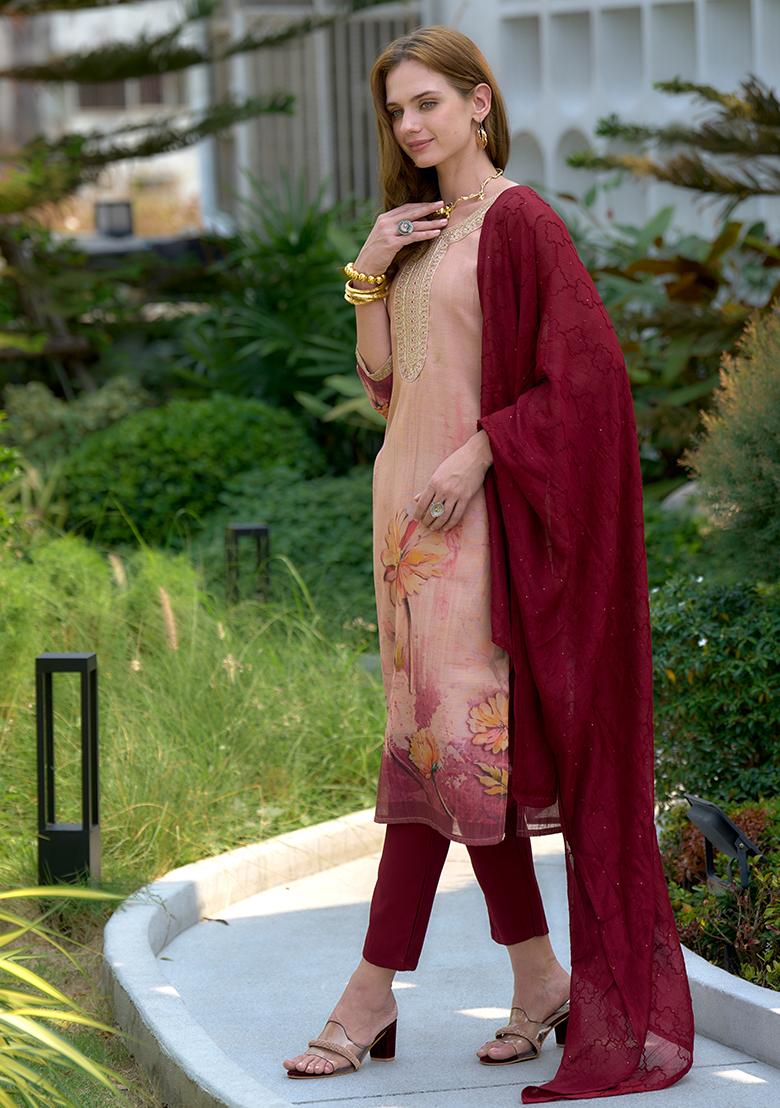 Peach Tissue Embroidered Salwar Kameez With Dupptta