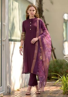 Wine Roman Printed Salwar Kameez With Dupptta
