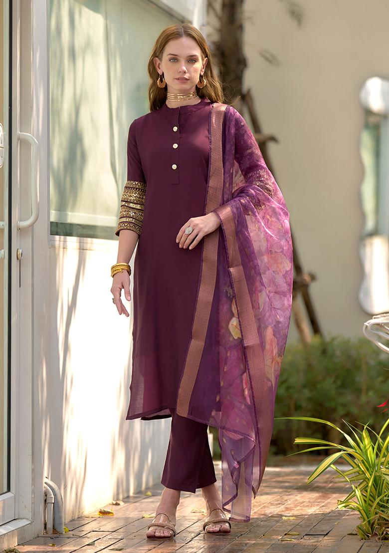 Wine Roman Printed Salwar Kameez With Dupptta