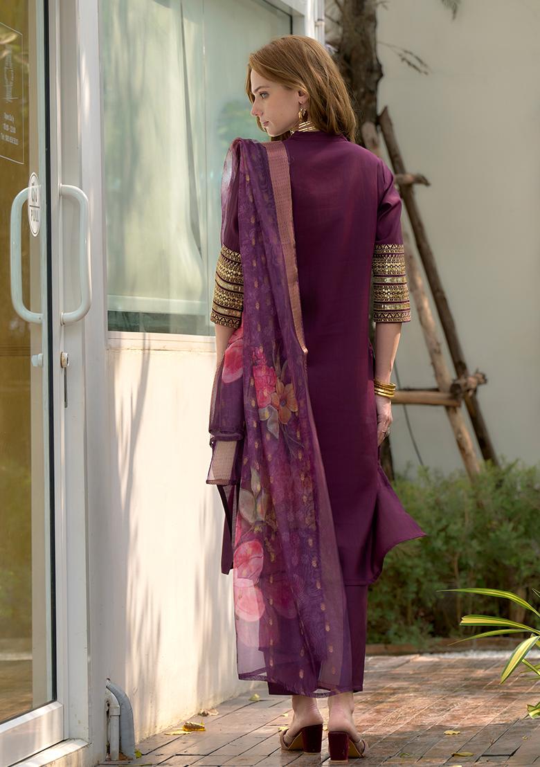 Wine Roman Printed Salwar Kameez With Dupptta
