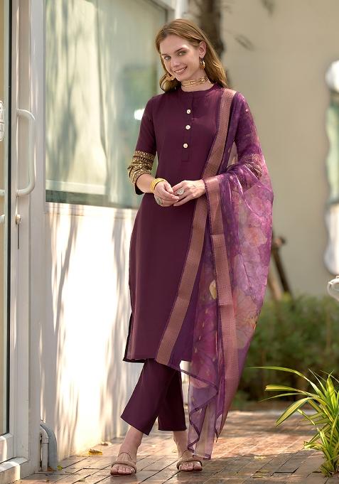 Wine Roman Printed Salwar Kameez With Dupptta