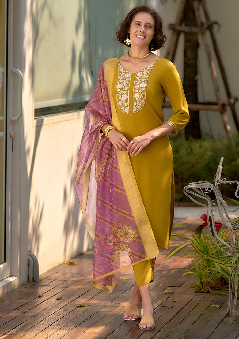 Mustard Viscose Printed Salwar Kameez With Dupptta
