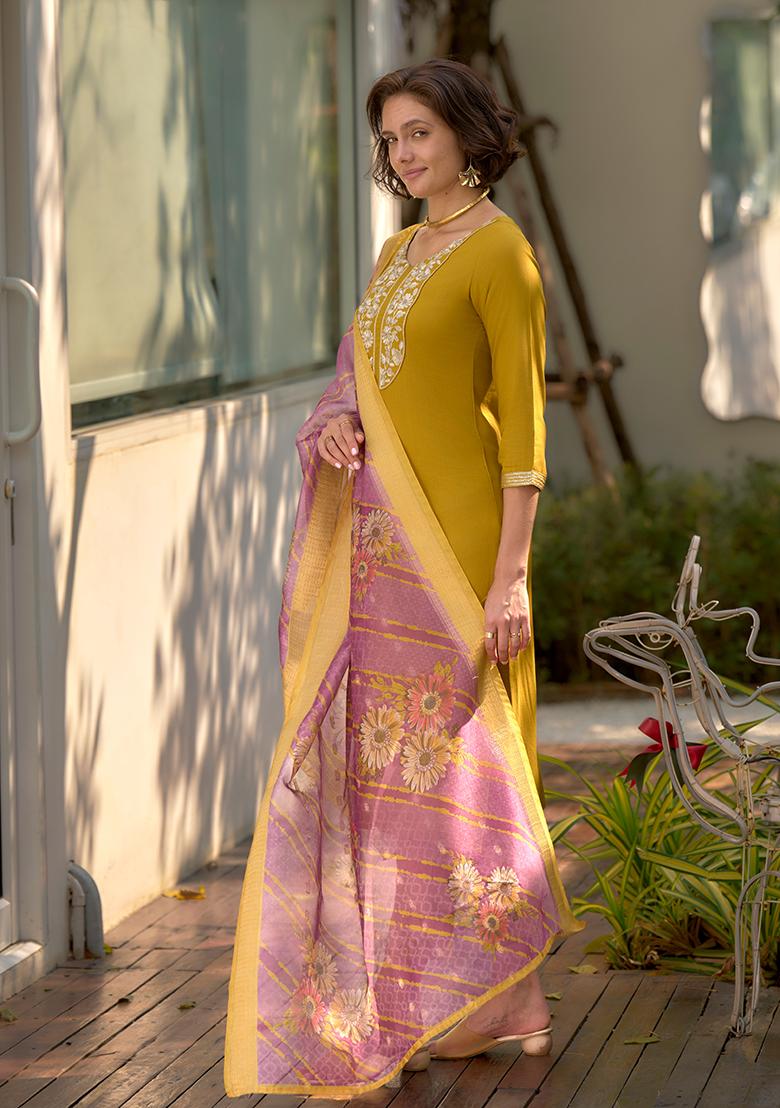 Mustard Viscose Printed Salwar Kameez With Dupptta