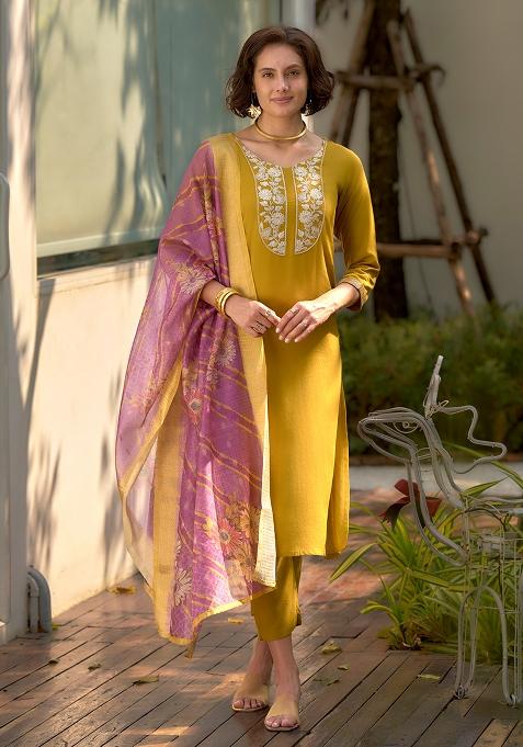 Mustard Viscose Printed Salwar Kameez With Dupptta