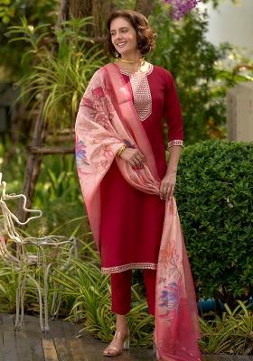 Red Roman Printed Salwar Kameez With Dupptta