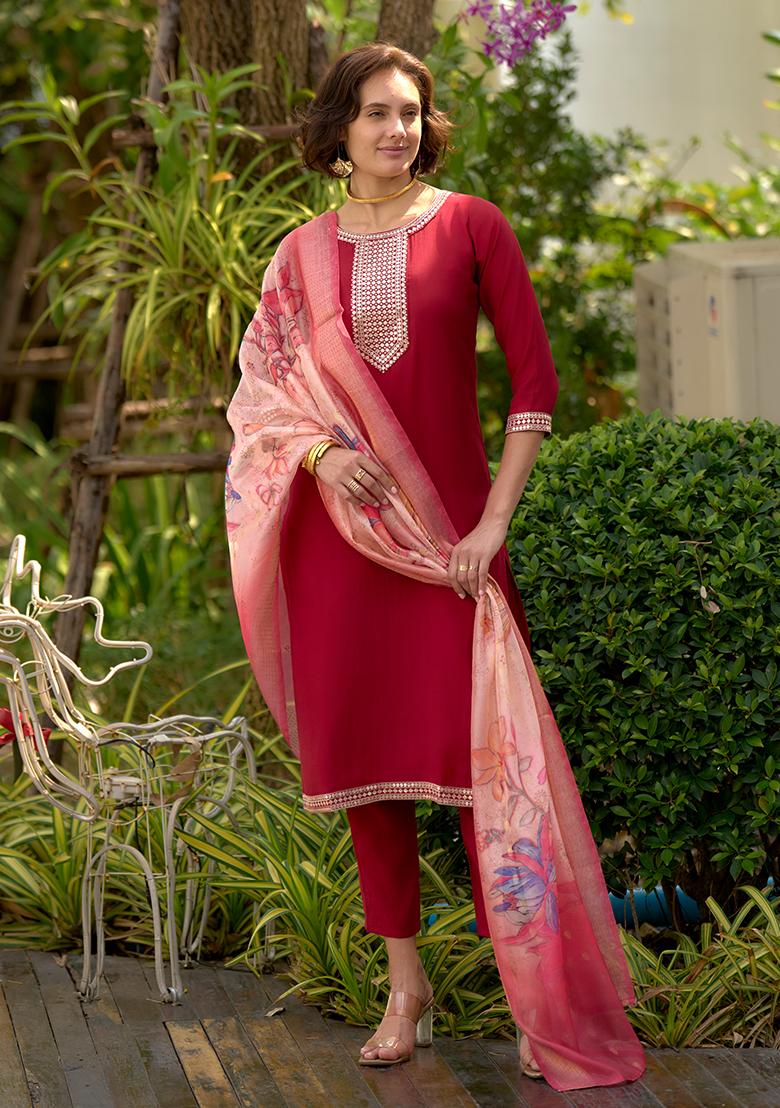 Red Roman Printed Salwar Kameez With Dupptta