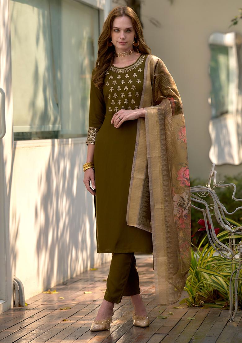 Mehndi Rayon Printed Salwar Kameez With Dupptta