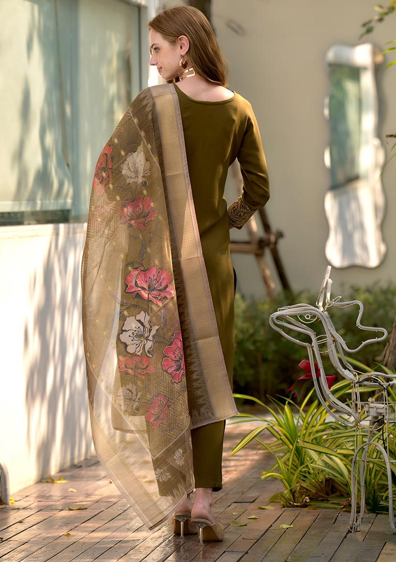 Mehndi Rayon Printed Salwar Kameez With Dupptta