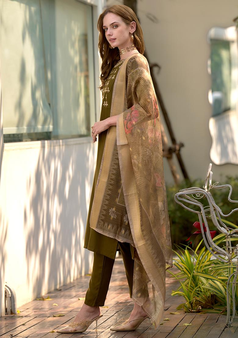 Mehndi Rayon Printed Salwar Kameez With Dupptta
