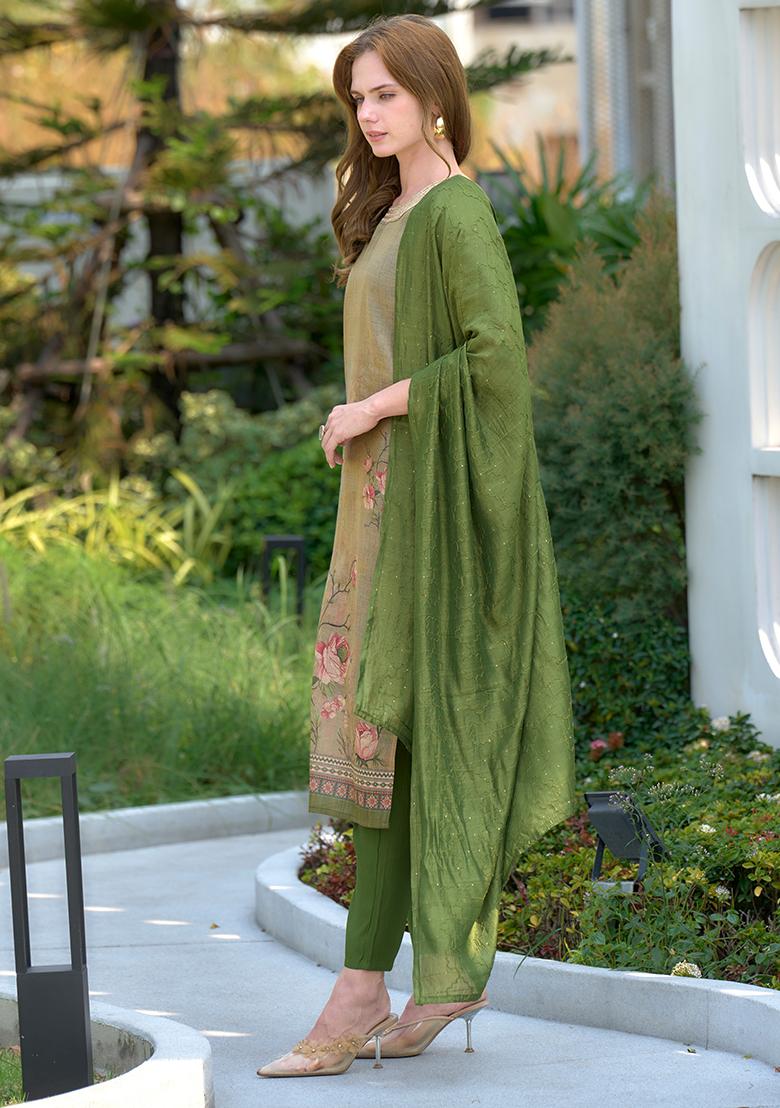Olive Green Tissue Embroidered Salwar Kameez With Dupptta
