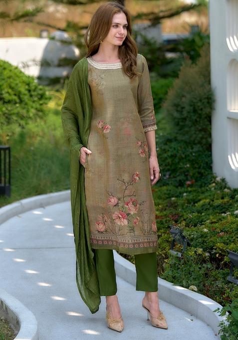 Olive Green Tissue Embroidered Salwar Kameez With Dupptta
