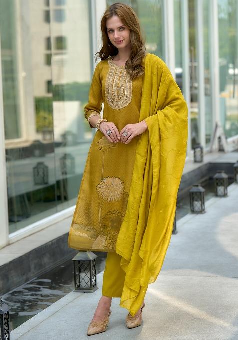 Yellow Tissue Embroidered Salwar Kameez With Dupptta