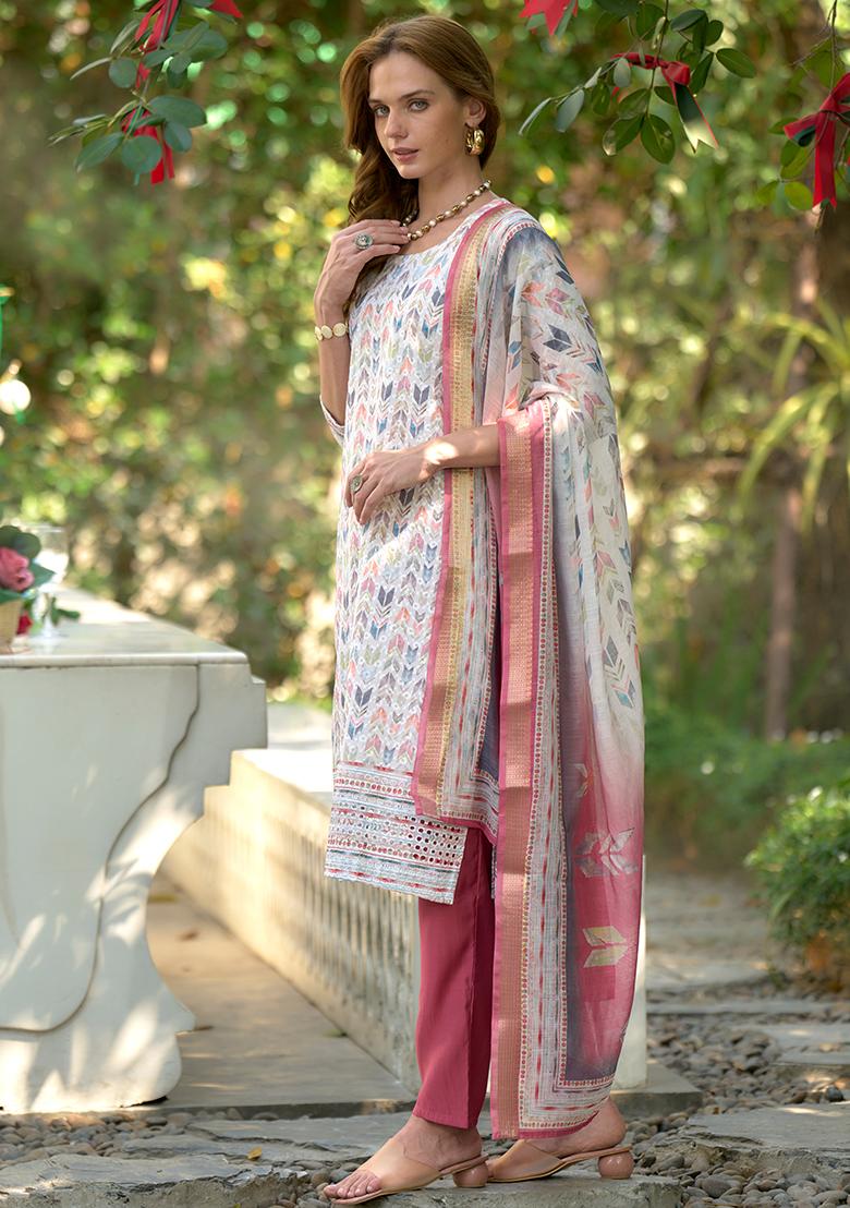 White Cotton Printed Salwar Kameez With Dupptta