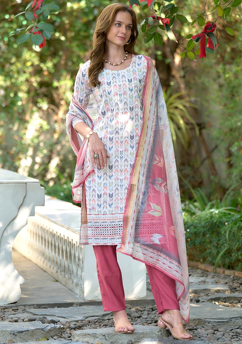 White Cotton Printed Salwar Kameez With Dupptta