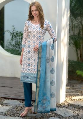 White Cotton Printed Salwar Kameez With Dupptta