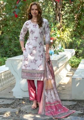White Cotton Printed Salwar Kameez With Dupptta