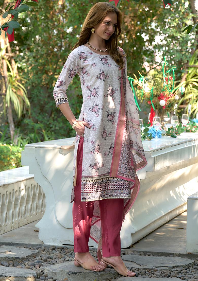 White Cotton Printed Salwar Kameez With Dupptta