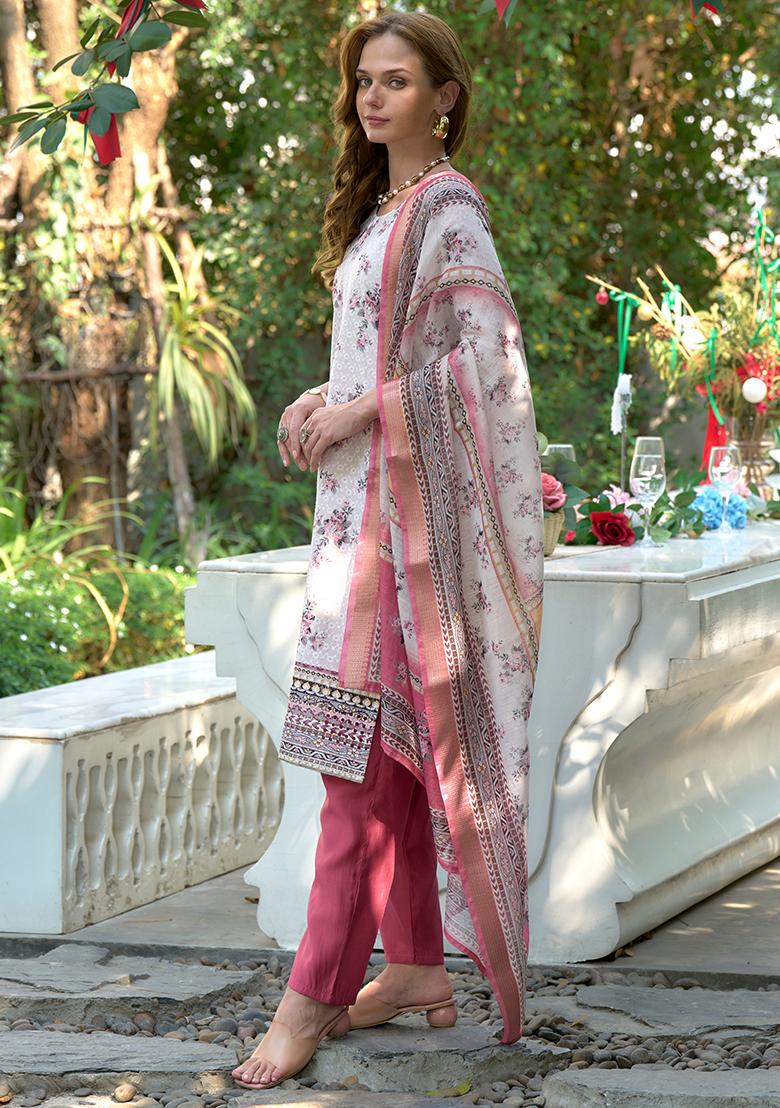 White Cotton Printed Salwar Kameez With Dupptta