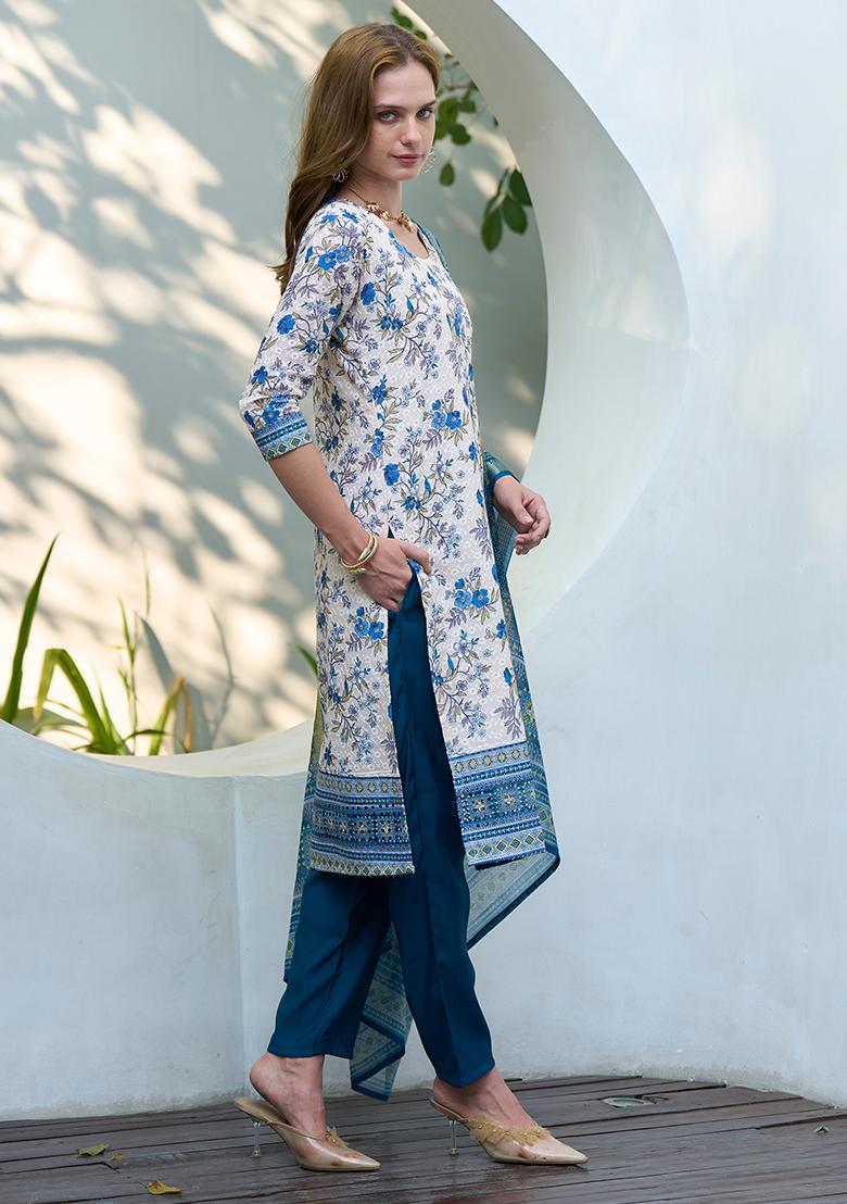 White Cotton Printed Salwar Kameez With Dupptta