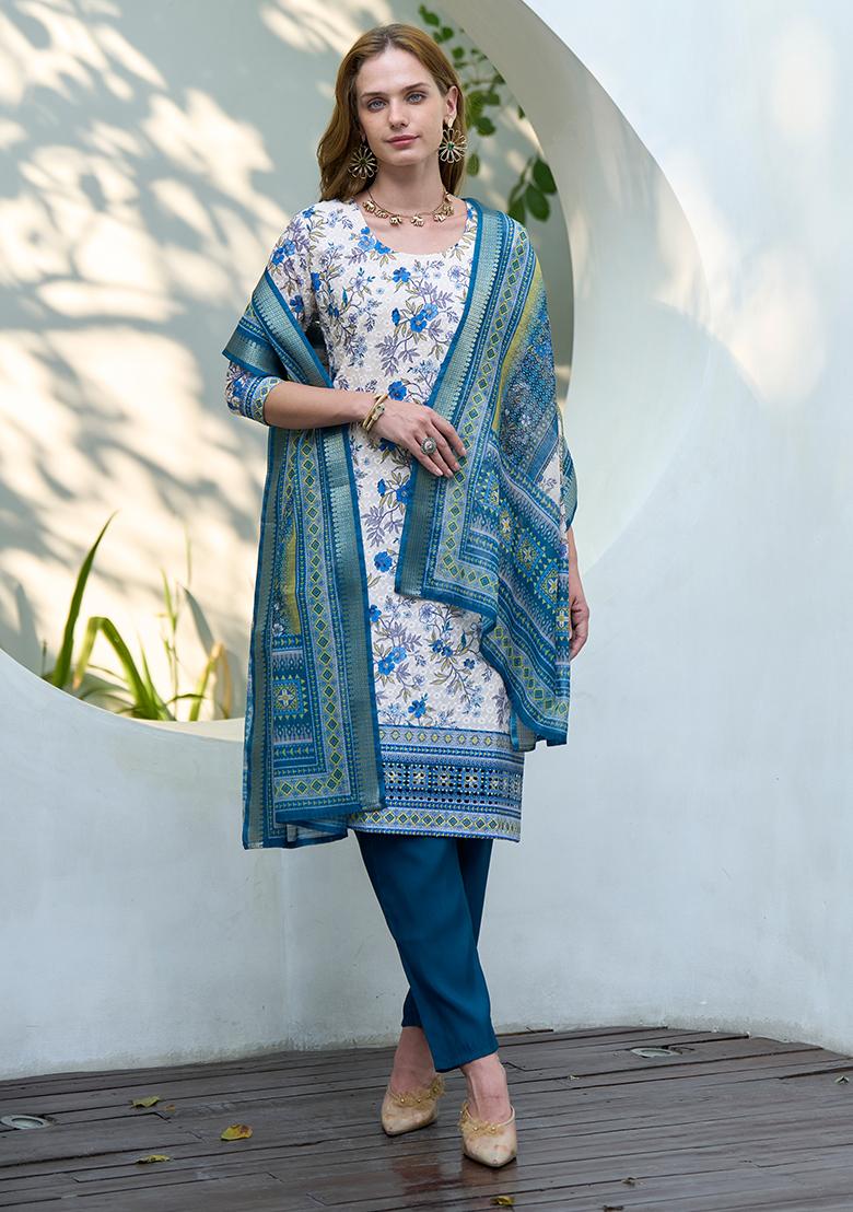 White Cotton Printed Salwar Kameez With Dupptta