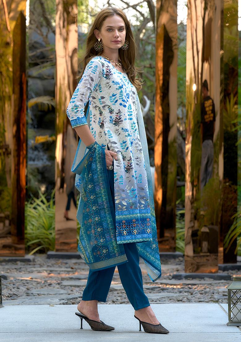 White Cotton Printed Salwar Kameez With Dupptta