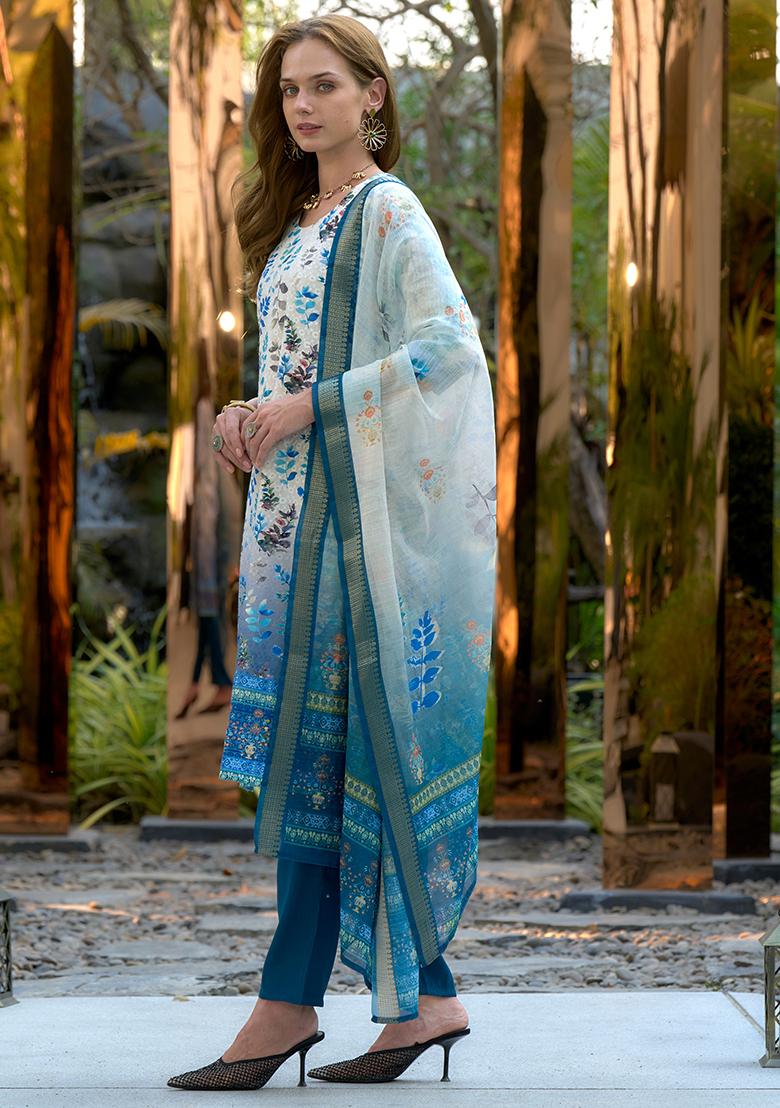 White Cotton Printed Salwar Kameez With Dupptta