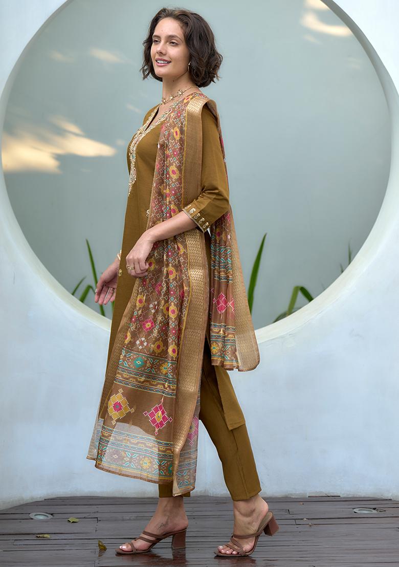 Brown Vatican Printed Salwar Kameez With Dupptta