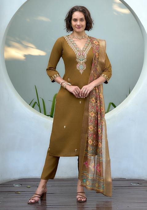 Brown Vatican Printed Salwar Kameez With Dupptta