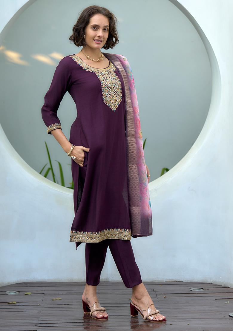 Wine Vatican Printed Salwar Kameez With Dupptta
