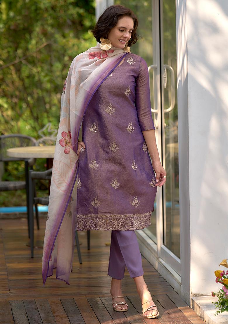 Purple Tissue Printed Salwar Kameez With Dupptta