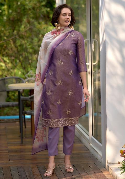 Purple Tissue Printed Salwar Kameez With Dupptta
