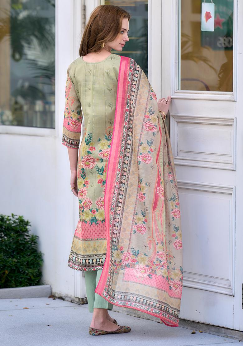 Pista Silk Printed Salwar Kameez With Dupptta