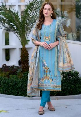 Blue Silk Printed Salwar Kameez With Dupptta