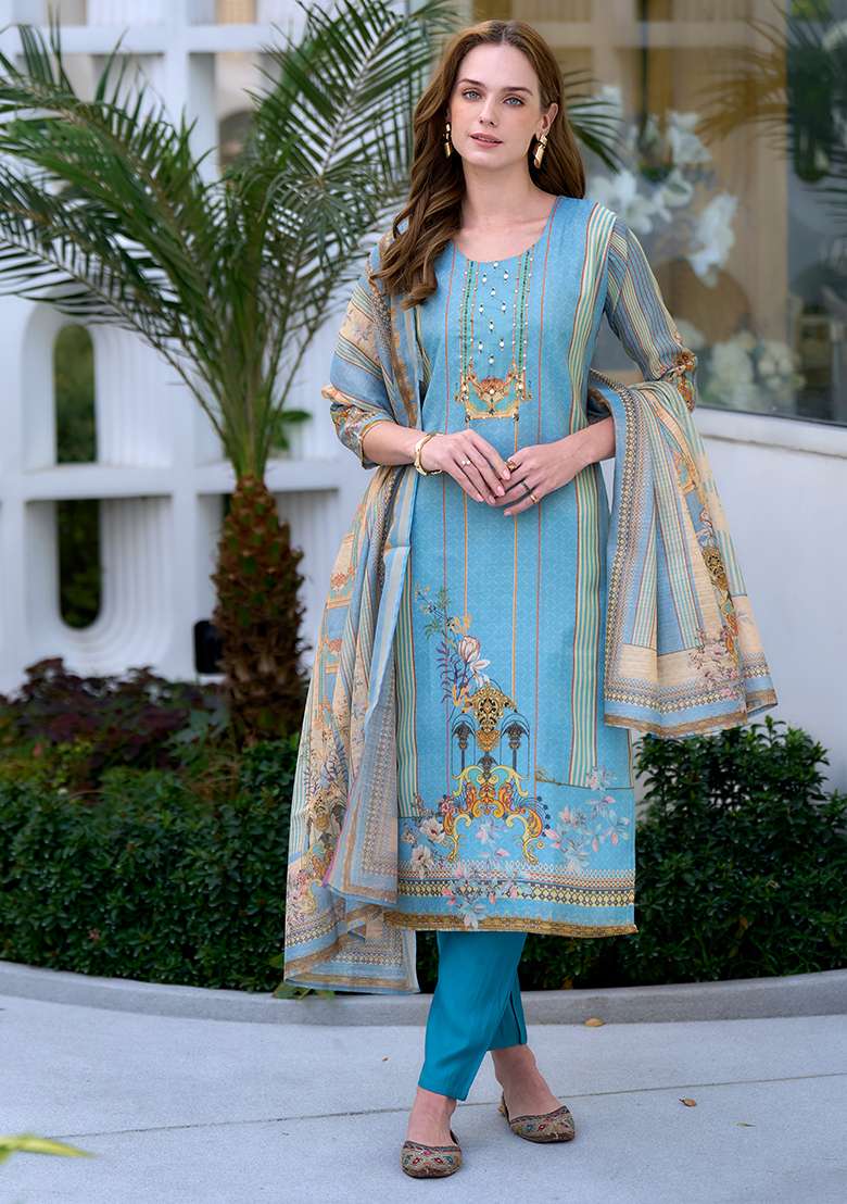 Blue Silk Printed Salwar Kameez With Dupptta - Indya