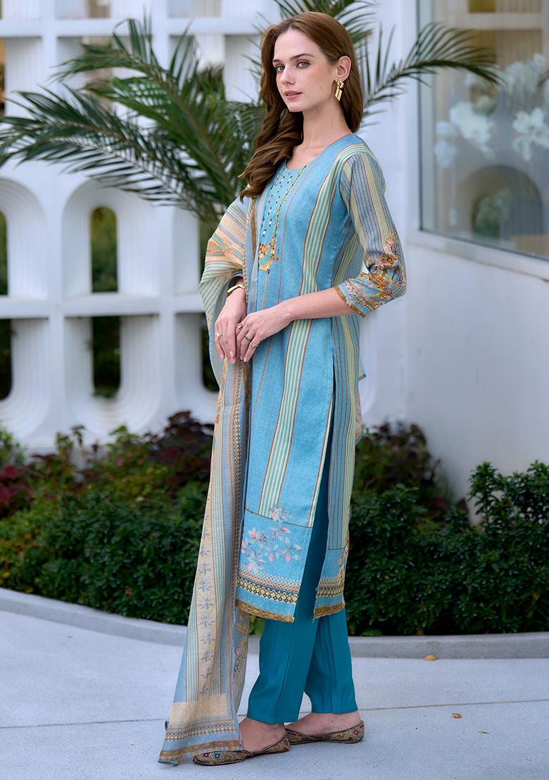 Blue Silk Printed Salwar Kameez With Dupptta