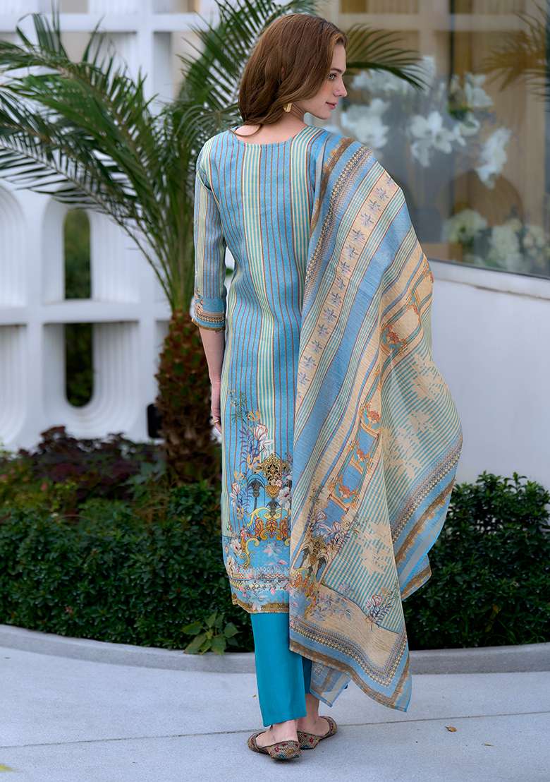 Blue Silk Printed Salwar Kameez With Dupptta - Indya