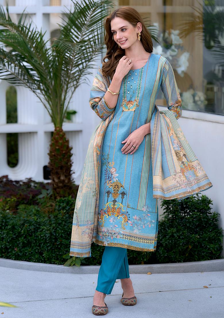 Blue Silk Printed Salwar Kameez With Dupptta