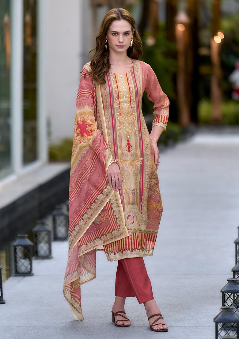 Peach Silk Printed Salwar Kameez With Dupptta