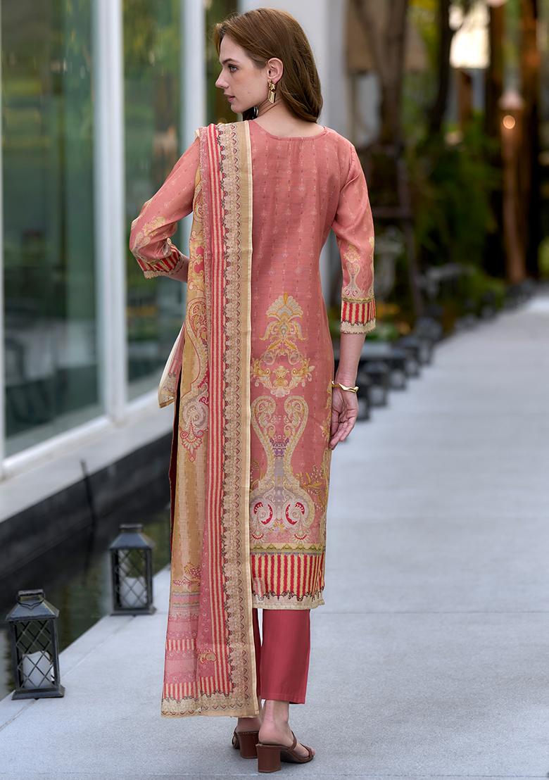 Peach Silk Printed Salwar Kameez With Dupptta