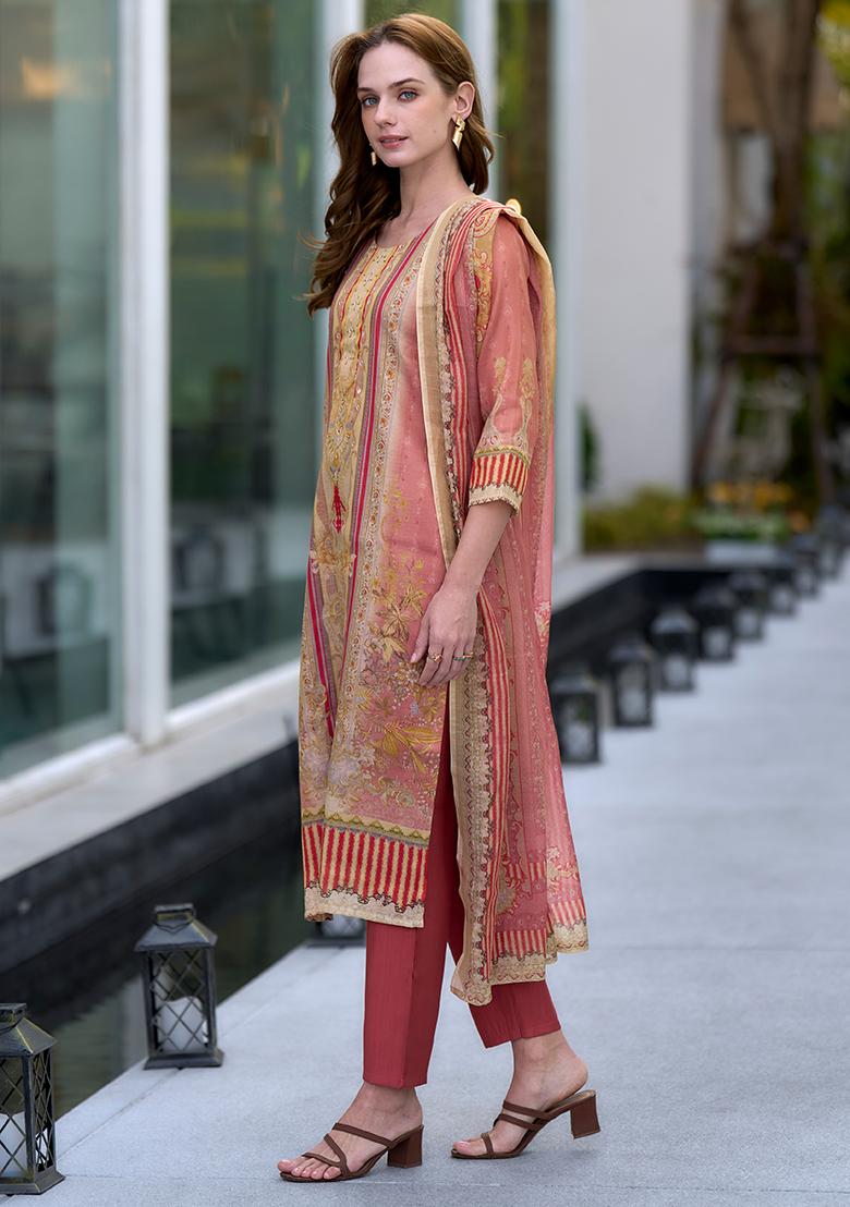 Peach Silk Printed Salwar Kameez With Dupptta