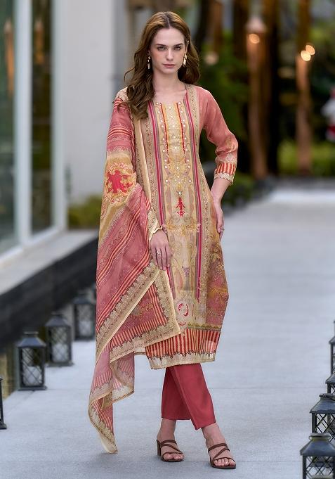 Peach Silk Printed Salwar Kameez With Dupptta