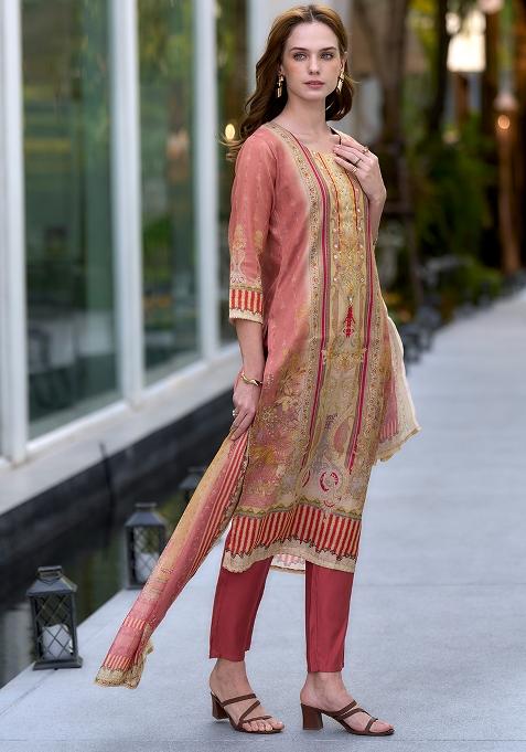 Peach Silk Printed Salwar Kameez With Dupptta
